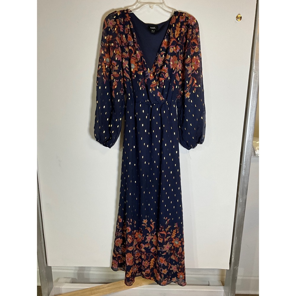 MSK Navy Blue Floral Gold Foil Clip Dot Faux Wrap Maxi Dress Womens Medium